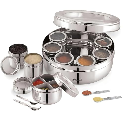 Image of WALKN 12 in 1 See Through Stainless Steel Masala box for Kitchen | Spice Box | Spice Organiser | Masala Daani | Masala Dabba with 9 Containers and Small Spoons | 2.5L