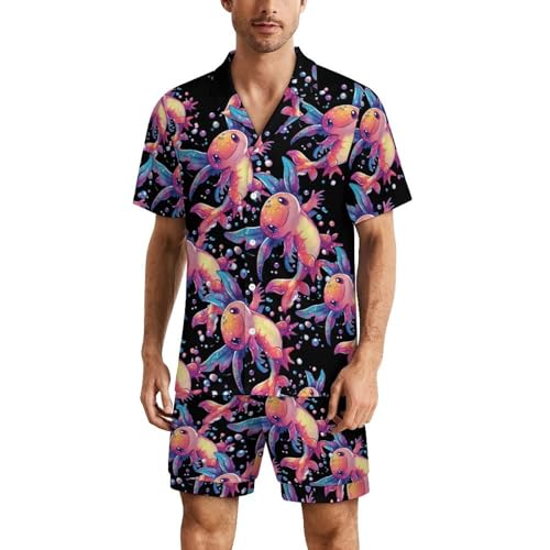 Cute Animal Colorful Axoltl Mens Pajamas Set Short Sleeve Sleepwear Summer Pjs Sets 2 Piece Loungewear Nightwear