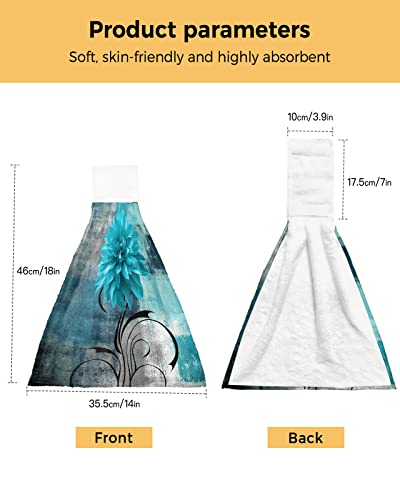 2Pcs Kitchen Hanging Towel Blue Green Gradient Teal Turquoise Dahlia Floral,Absorbent Soft Hand Tie Towel With Loop Flower Abstract Art Oil Painting,Tea Bar Dish Cloth Dry Towel For Bathroom #TOP2