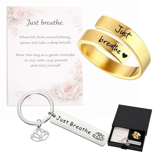 TKABTOA Just breathe ring adjustable stainless steel spiral wrap for women hope rings inspirational rings breath hope jewelry calming mindfulness gift daily wear (Gold 7)