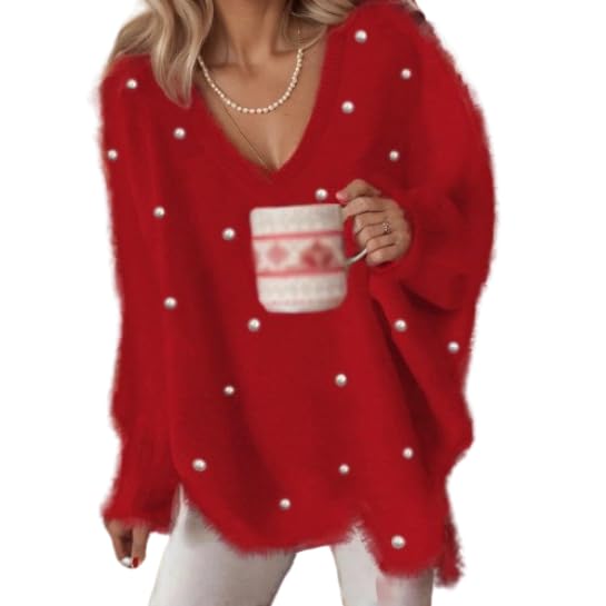 Women Casual Fuzzy V Neck Pullover Sweater Oversized Loose Lightweight Trendy Bead Long Sleeve Knit Jumper Top