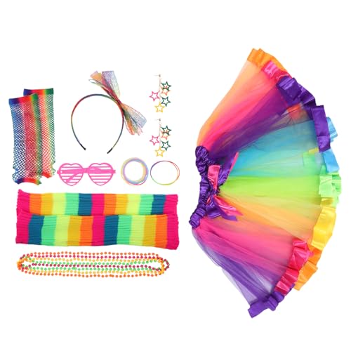Guêtres en Tulle et Accessoires Fluo Années 80 avec Jupe Arc-en-ciel Légère