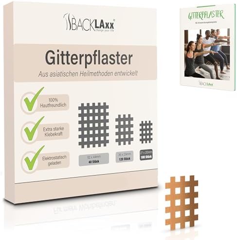 BACKLAXX® Gitterpflaster Set 180 Stk, Gittertape Akupunkturpflaster Typ c | 180 Crosstapes in der Größe a in beige, Cross Tape hautfreundlich & wasserabweisend, hält 7 Tage, eBook