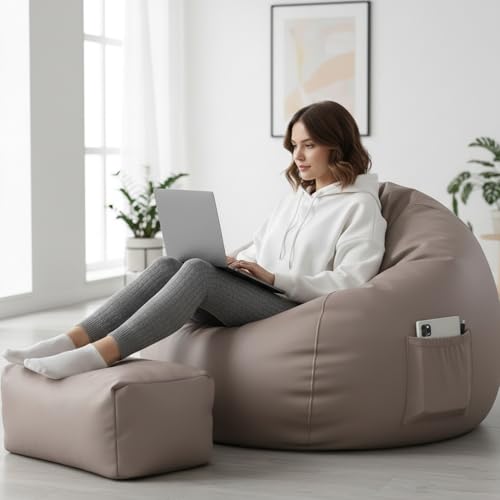 Image of Luxury 5XL Jumbo Bean Bag with Footrest & Cushion | Premium Leatherette | High-Density Beans Filled | Heavy Duty Double Stitch | 6 Months Warranty Color- (Navy Blue) (Beige)