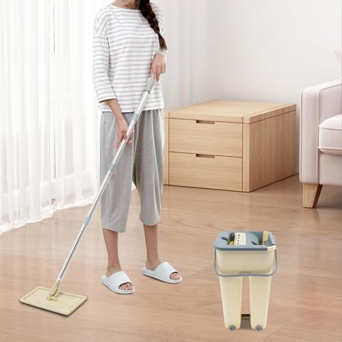 Flach Mopp und Eimer Set, Mikrofaser Bodenwischer mit 10 Wischmopp-Pads Flacher Wischer mit Auswringfunktion für Alle Böden – Bild 7