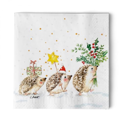 Set of 2 Individual Decoupage Paper Party Napkin Christmas Hedgehogs Watercolor Decor Luncheon Napkins for a Birthday Holiday, Wedding, Cocktail Party
