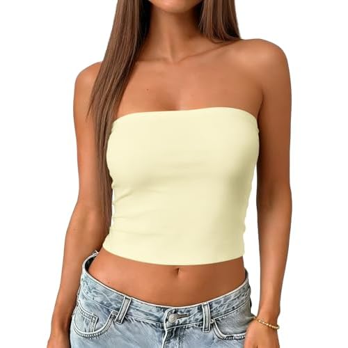 Women Tube Top Summer Strapless Crop Tops Basic Bandeau Going Out Y2k Short Shirt Small Cream White
