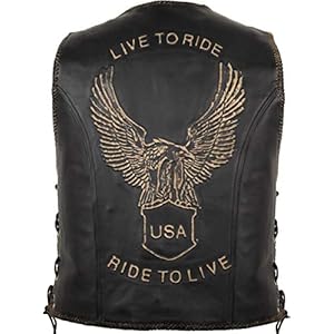 Leren vest met uitgebreid adelaarsreliëf, LIVE to Ride motief