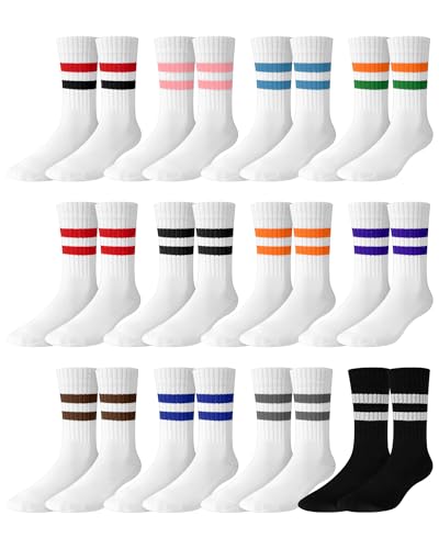 Eurzom 12 Pairs Striped Crew Socks for Men Ribbed Terry Lined Athletic Socks Moisture Wicking Sports Gym Accessories for Running Climbing