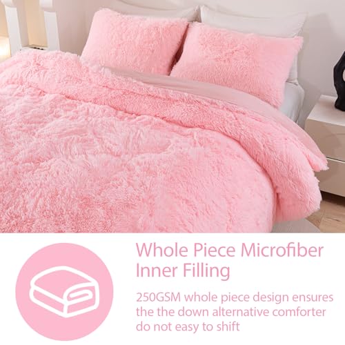 Image of Pink Fluffy Queen Comforter Set - 3 Pieces Faux Fur Fuzzy Bedding Set for Girls, Plush Shaggy Warm Velvet Bed Set with Pillowcases (Pink, Queen)