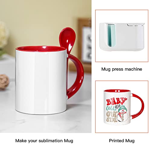 Agh Sublimation Coffee Mugs Blank 11 Oz, White Straight Ceramic Cups With Red Interior, Handle, Spoon, Bulk Bundle Set Of 12 #TOP2