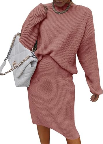 Image of Women 2 Piece Knit Sweater Skirt Set Midi Sweater Dress Long Sleeve Pullover Bodycon Knitted Skirt Set Outfit