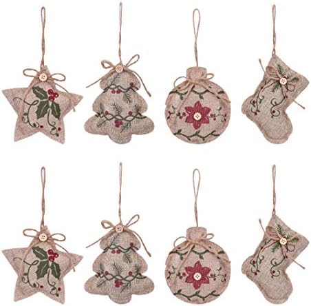 KOMIWOO 8 Pack Burlap Stocking Tree Ball Star Christmas Tree Ornaments, Great Rustic Vintage Holiday Party Decorations
