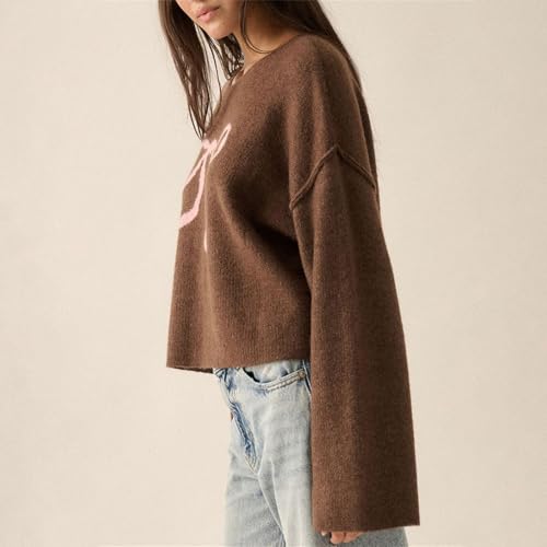 Image of Women Cute Bow Knit Sweater Y2k Long Sleeve Crew Neck Knitted Pullover Top Oversized Going Out Fall Winter Knitwear