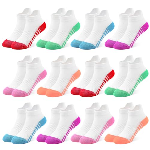 GENTABY Dziewczęce skarpety do sneakersów, dla dzieci, kolorowe skarpety sportowe, do szkoły, 12 par, klasyczne kolory, czarno-białe z paskami splice, oddychające, bawełniane skarpety dla dzieci w