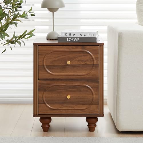 2 Drawer Fluted Nightstand Set of 2, Mid Century Modern Farmhouse Night Stand Small End Table Bedside Table for Bedroom, Living Room, Walnut - Image 3