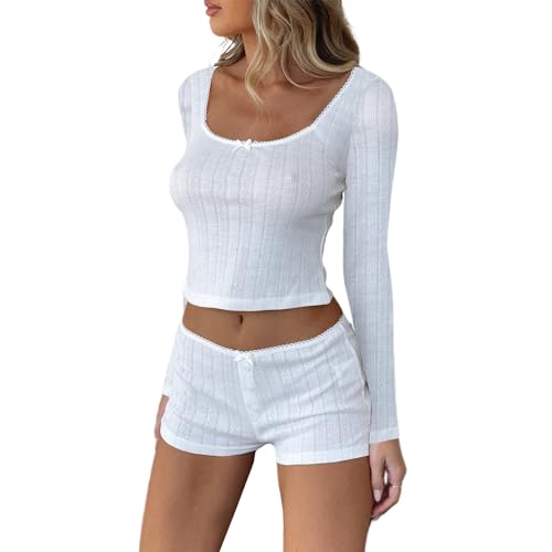 Image of Women's Two Piece Outfit Lace Trim Top and Shorts Set 2 Piece Lounge Sets Ladies PJs Summer Clothes
