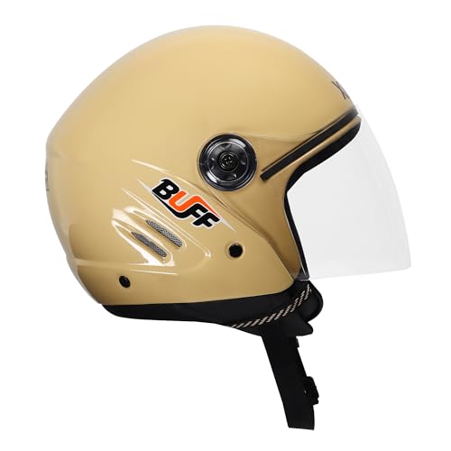 Image of Buff Open Face Helmet Medium | ISI Certified Bike Helmet for Men & Women | Lightweight ABS Shell with Clear Visor & Adjustable Strap for Scooter & Motorcycle (Matte Black)