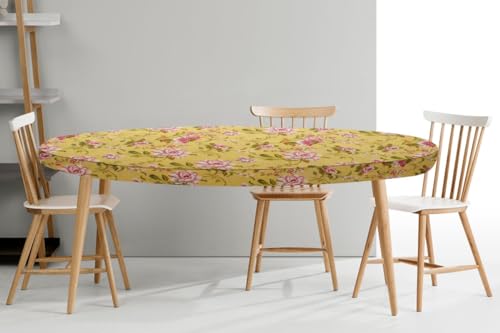 Image of The Furnishing Tree Elastic Cotton Oval Dining Table Cover 35x63 in Inches Floral Pink Rose on Yellow Base