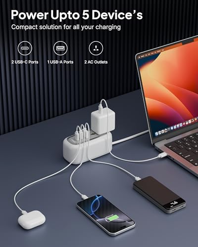 Image of FEDUS 67W GaN Travel Power Adapter Strip Compact Extension Board with USB Ports 4ft Long Retractable Cable Cord, 2 Type C, 1 USB Ports, 2 International Power Sockets, 2500W for Laptop, Home Appliances