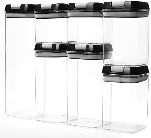Yitriden 7 PC Food Storage Container Set White with Labels & Marker, Kitchen & Pantry Clear Plastic Organization Canisters with Durable Lids, Ideal for Flour, Cereal, Spaghetti, Pasta & More