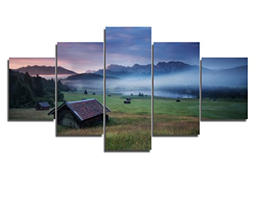 Barn Decor For Home Wooden Cabin Pictures Landscape For Wall Decor Paintings Canvas 5 Piece Canvas Art Modern Artwork For Living Room Giclee Framed Gallery-Wrapped Ready To Hang(60''Wx32''H) #TOP1