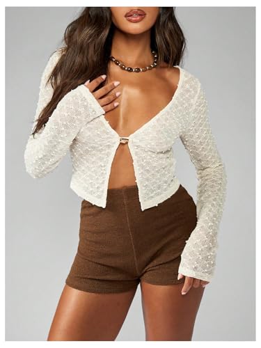 WDIRARA Women's Deep V Neck Cropped Cardigan Sweater Long Sleeve Knitted Outerwear2