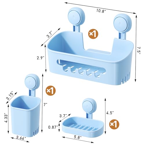 Image of LEVERLOC Shower Caddy Suction Cup Set Shower Organizer & Soap Holder & Toothbrush Holder, Bathroom Shelf Basket NO-Drilling, Removable Suction Storage Waterproof Bathroom Holder, Blue