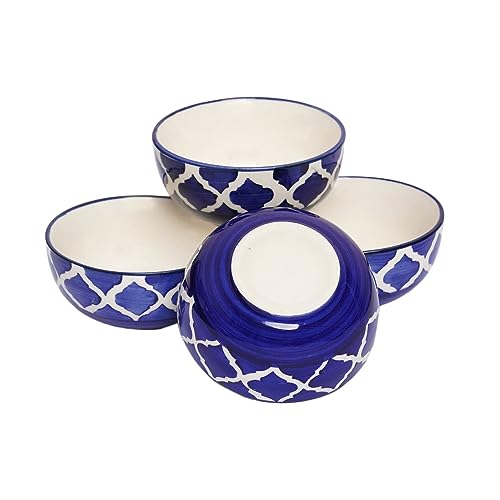 Image of Ceramic Hand Crafted Dessert /Dinner /Pudding /Maggie Bowls (Blue and White 180 ml) | Set of 4 Bowls | Microwave Safe Bowls