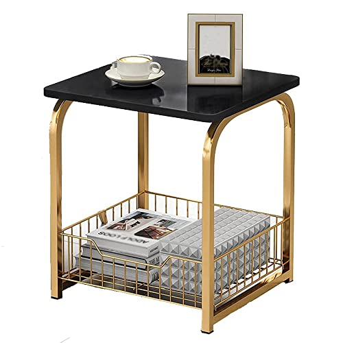 Image of Coffee Table Side Table, MDF Metal, with Storage Basket for Living Bedroom | Side End Table for Living Room, Bedroom, Office (Gold Black)