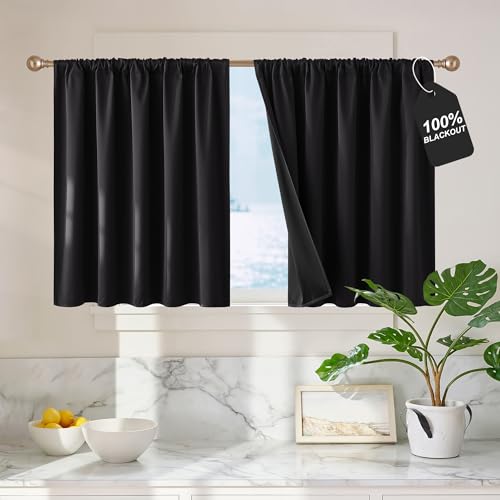 NICETOWN 100% Black Out Kitchen Curtains 36 inch Length, Rod Pocket Short Window Treatment Room Darkening Drapes, W52 x L36, 2 Panels 52"W x 36"L (Pack of 2) Black