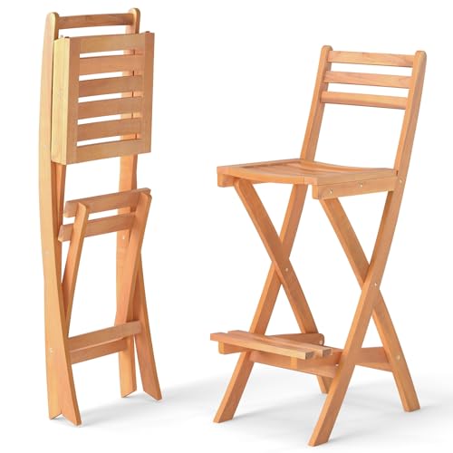 Tangkula Patio Folding Barstool Outdoor Portable High Top Acacia Wood Bar Height Chair with Backrest & Footrest for Backyard Garden Front Porch (1)