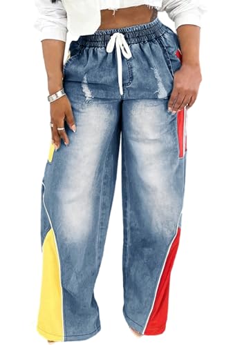 Women Wide Leg Patchwork Jeans Drawstring Elastic High Waist Striped Color Block Ripped Ombre Baggy Denim Pants
