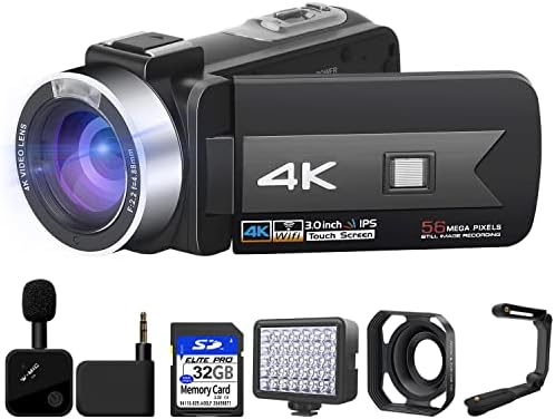 Video Camera 4K Camcorder 56MP Video Camera with Wireless Microphone 16× Digital Zoom YouTube Camera 3’’ Touch Screen and 2.4G Remote Control 32G SD Card