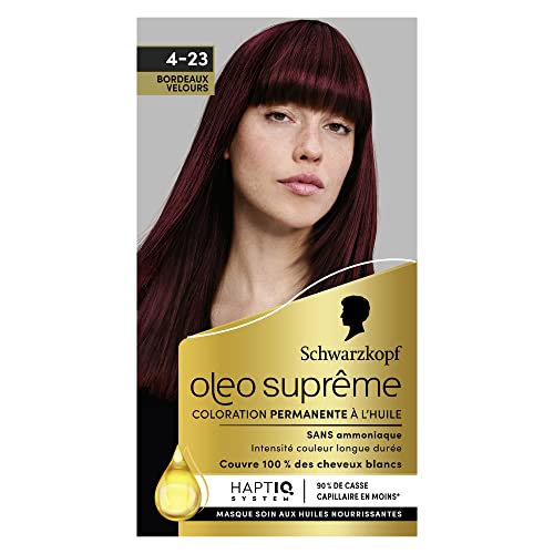 Schwarzkopf Oleo Supreme – Tinte de aceite permanente, color y brillo de larga duración, sin amoniaco, cubre 100% cabello blanco, sistema HaptIQ, color burdeos 4-23