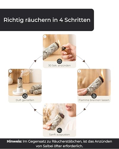 Incensera Weißer Salbei, 3 Stück Räucherbündel, Smudge Stick, Getrockneter White Sage, Natur Räucherwerk