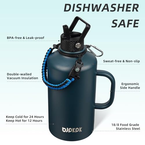Image of BJPKPK 2 /3 Gallon Water Bottle Insulated with Straw Lid, 87oz Large, Stainless Steel Water Bottles with 3 Lids and Paracord Strap, Double Wall Vacuum Metal Water Jug,Navy Blue