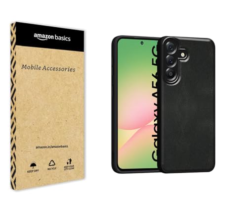 Image of amazon basics Back Cover for Samsung Galaxy A56 5G | Ultra Slim Soft Rubberised Case | Oil Feel Soft Leather Back | Camera Protection - Black