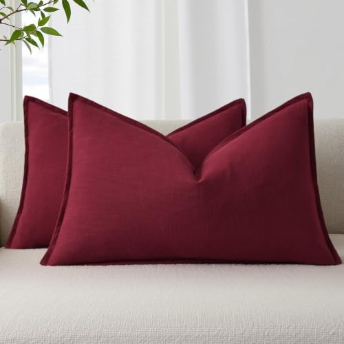 Image of decorUhome Fall Burgundy Linen Throw Pillow Covers 12x20 Set of 2 | Decorative Soft Cozy Modern Farmhouse Boho Accent Pillow Cases with Flange Edges for Couch Bed Sofa Living Room Home Decor