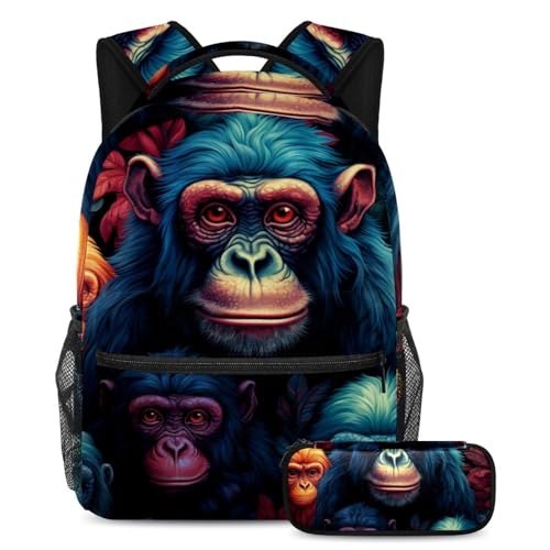 Sac à dos singe multicolore avec trousse d'école pour garçons et adolescents