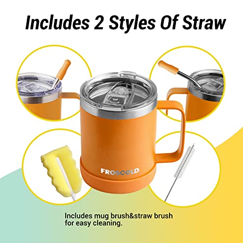 Froscold Insulated Coffee Mug With Lid & Straw, 12Oz Double Wall Camping Mug Tumbler With Handle, Reusable Stainless Steel Travel Coffee Mug, Thermal Coffee Cup For Outdoor, Office, Gift (Orange) #TOP4