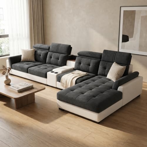 Image of Torque Lunix Modular 5 Seater Sofa with Lounger - RHS-Dark Grey | Premium Fabric Sofa Set with Cushion | L-Shaped 5 Seater Corner Sofa for Living Room Furniture