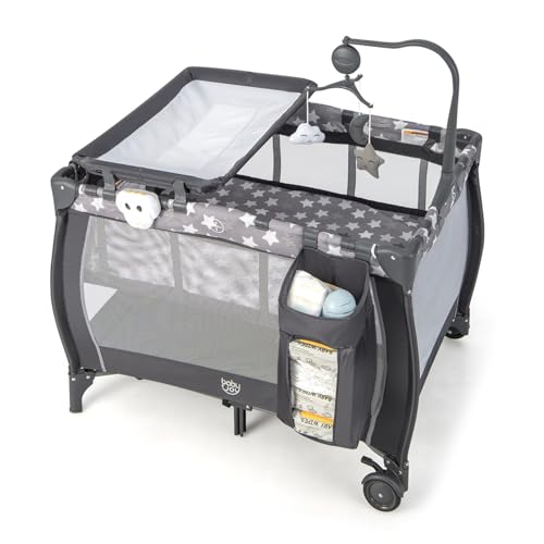 Image of Costzon 3 in 1 Pack and Play with Bassinet, Portable Baby Playard with Changing Table, Music Box, Whirling Toys, Wheels/Brake, Basket, Foldable Infant Bassinet Crib for Baby Toddlers Indoor Outdoor