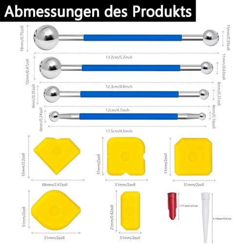 IUSOT 13 Stück Werkzeug Schaber Kit Fugenglätter Set, 3-in-1 Silikonabzieher Mit Metall Fugenabziehern, 4 Metallkugelabzieher, 5 Silikon-Fugenglätter, 2 Silikonspitzen, Komplett Caulking Tool-Set
