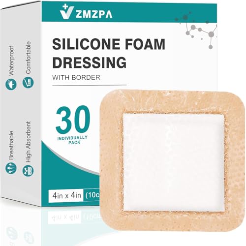 30 Pcs Silicone Foam Dressing 4x4 Gentle Border Waterproof Silicone Bandages for Wounds Care Bed Sore Patches Super Absorbent Wound Dressing Self Adhesive Pressure Sore Pads
