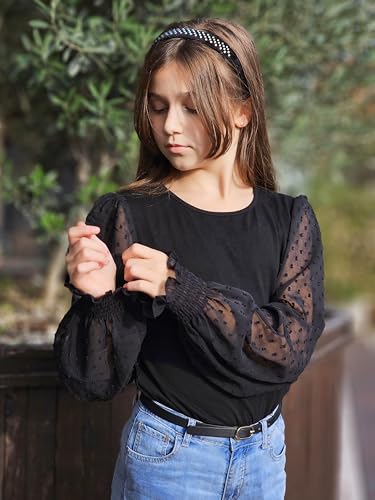 Image of Arshiner Girls Long Sleeve Shirt with Ruffle Cuffs Polka Swiss Dots Kids Girls Pullover Shirts Cute Crewneck Girls Top