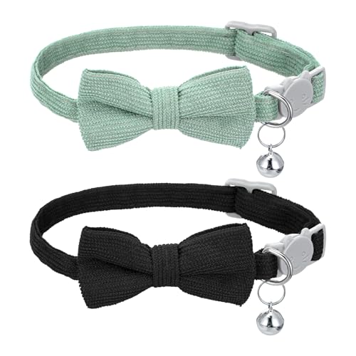 2 Stück Halsband Katzen Glocke Weiches Cordhalsband für Kleine Katzen mit Glöckchen und Fliege Verstellbar Sicherheitsfliege für Hochzeiten...
