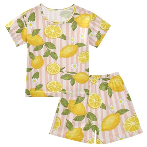 ALAZA Lemon Daisy Striped Pajamas Set Short Sleeve Cotton Sleepwear Summer Pjs 2 Piece 5-14Y