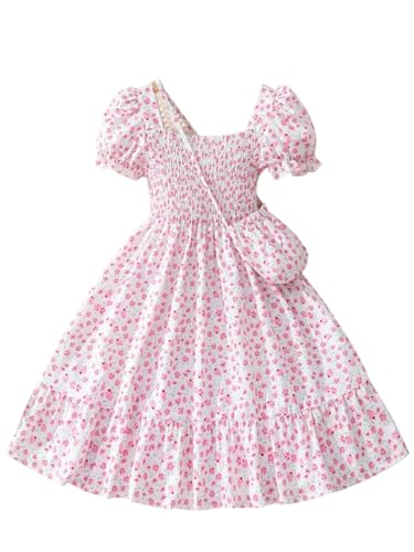Bolly Lounge Floral Print Smocked Dress, White with Flower, Princess Style (US, Age, 13 Years, 14 Years, Blush Pink)