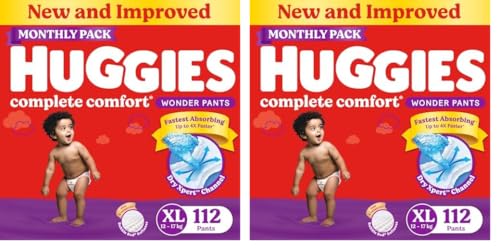 Image of Huggies Complete Comfort Wonder Pants | Pant Style Baby Diapers XL Size, 112 Count | India's Fastest Absorbing Diaper, Patented Dry Xpert Channel, Ideal for 12 to 17 Kgs (Pack of 2)
